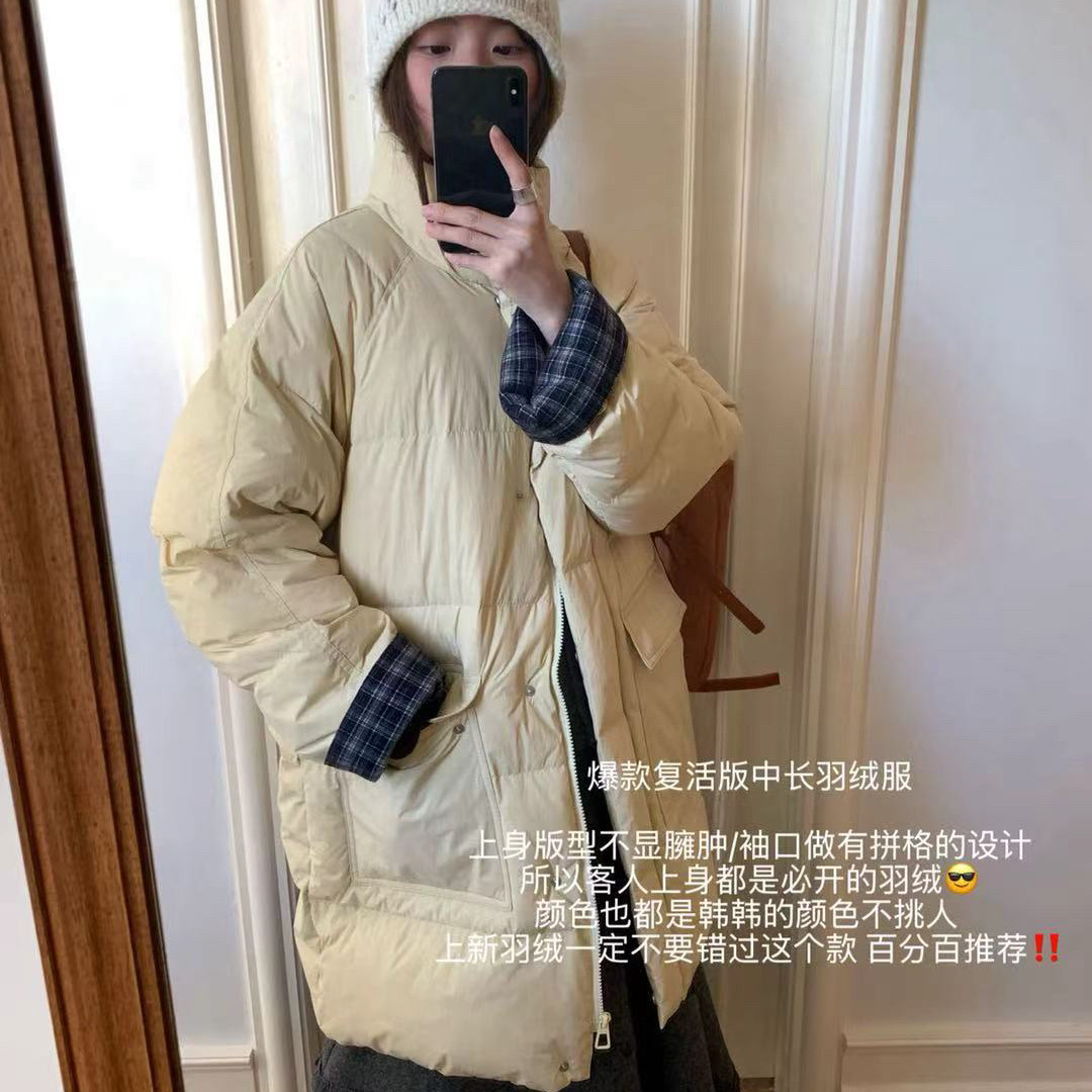 多多0白鸭绒袖口拼格中长款保暖羽绒服外套(充绒量250g)258826