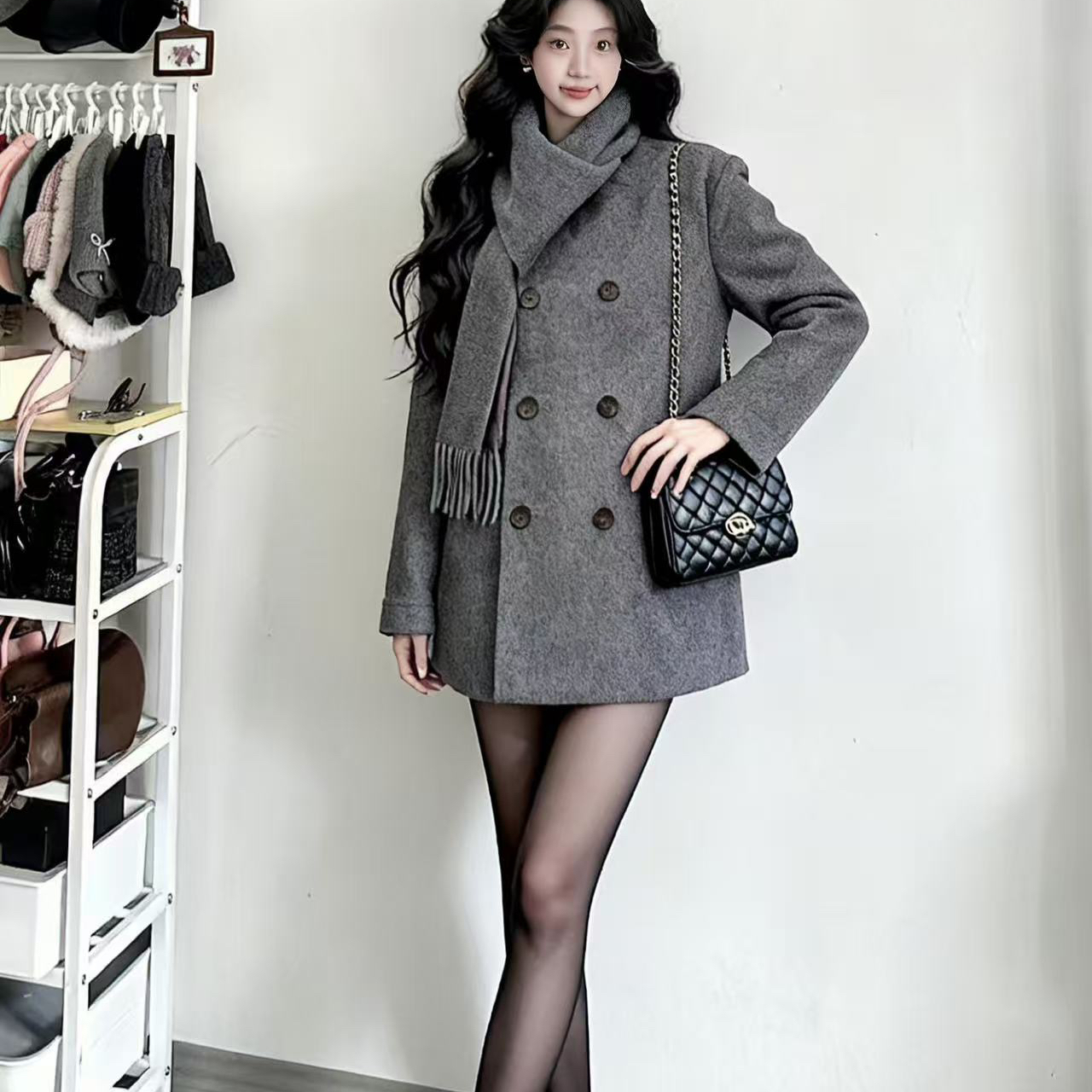 L多 STU多IO亮亮家-季新款优雅气质保暖毛呢羽绒服(配围巾)ys1-95