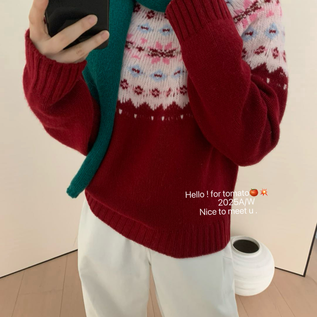 多多店超细全毛费尔岛提花针织套头保暖毛衣（含100绵羊毛）25876