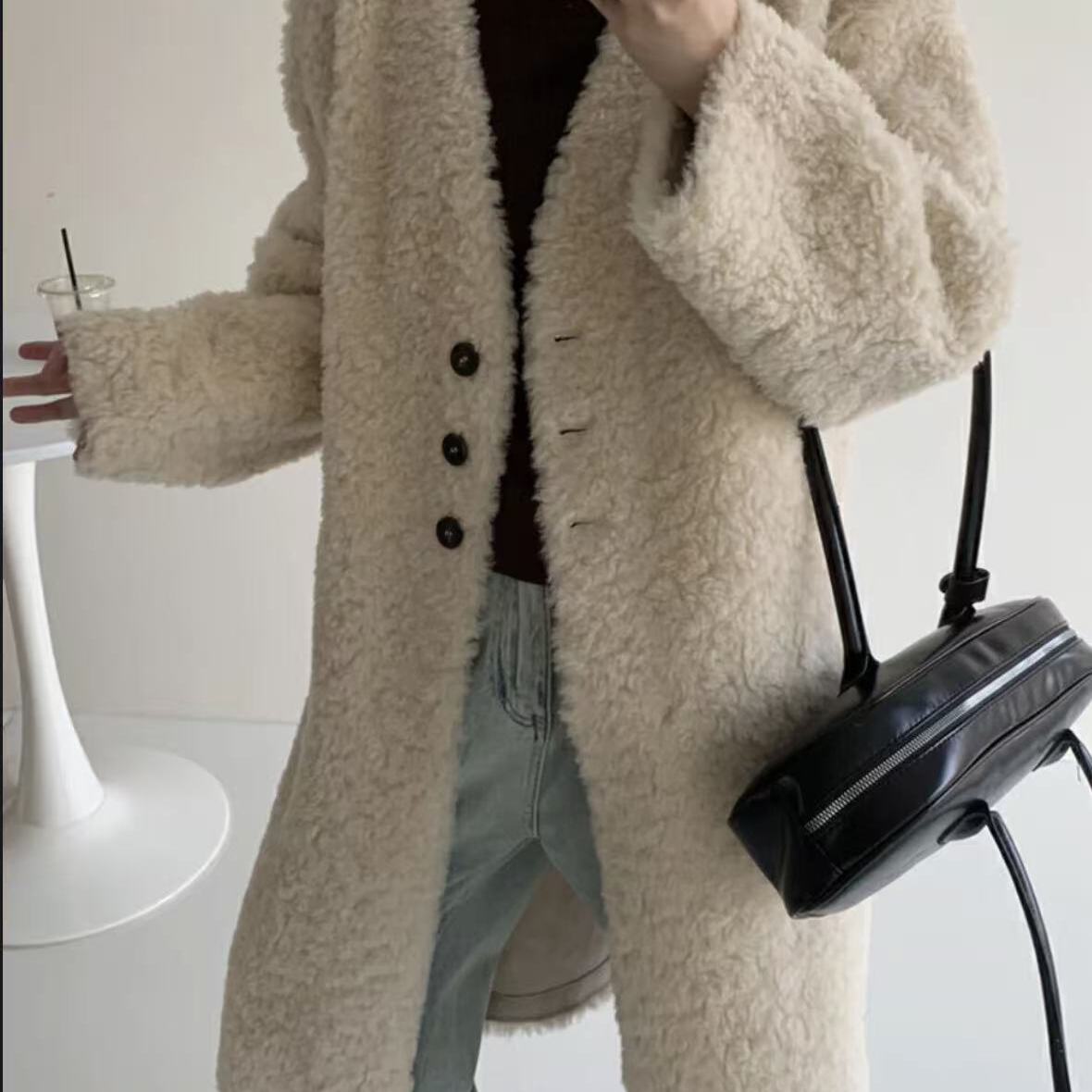 多多小众冬上新V领排扣毛毛长款轻奢大衣125sd