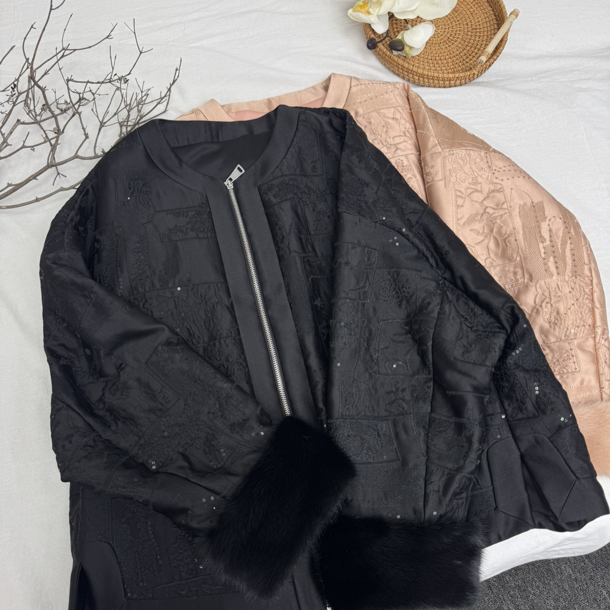多多刺绣夹桑蚕丝短外套配可拆卸水貂毛袖毛YS1-WW-SQ0144566