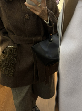 多多翻领修身中长款羊毛外套(配腰带)（含91.6绵羊毛）866-25160-