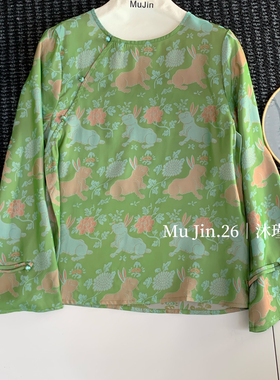 多多春春季新款高级感新中式国风绿色衬衫小衫小衫(人丝)Cdx798