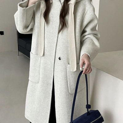 多多女小个子中长款韩系羊毛外套(配可拆针织帽)（含5羊绒）57853