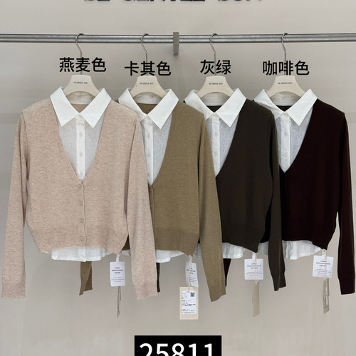 多多小众设计SE GENTLE SUN-复古衬衫领假两件V领针织开衫毛衣(含
