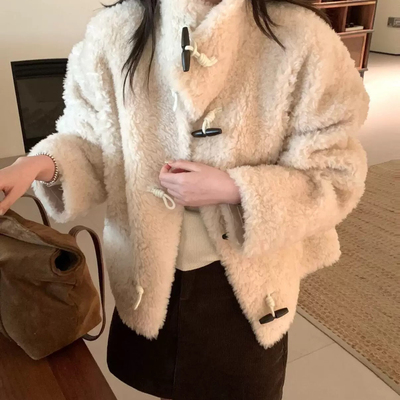 多多韩版立领牛角扣宽松休闲羊剪绒羊毛外套（含100羊毛）FF-1001