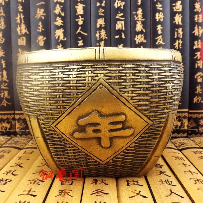 纯铜年年有余存钱坛子篓招财黄铜聚宝盆粮仓金斗工艺品摆件储物罐