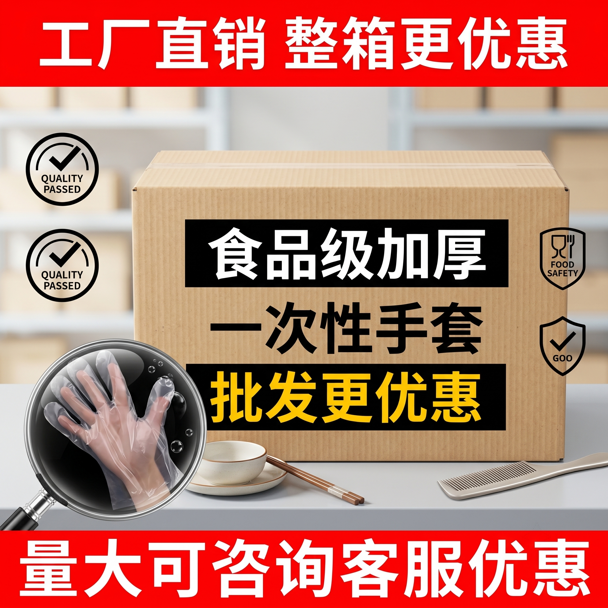 一次性手套食品级薄膜商用加厚塑料餐饮龙虾外卖透明pe整箱批发