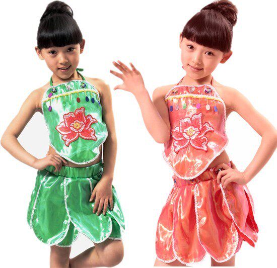 2026儿童表演裙舞蹈服舞台服游戏服装肚兜+荷花裙荷叶裙红色绿色5