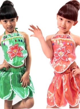 2025儿童表演裙舞蹈服舞台服游戏服装肚兜+荷花裙荷叶裙红色绿色5