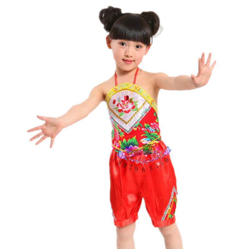 2026新儿童舞蹈服表演服唐装短裤套装游戏服民族舞绿色肚兜民族风