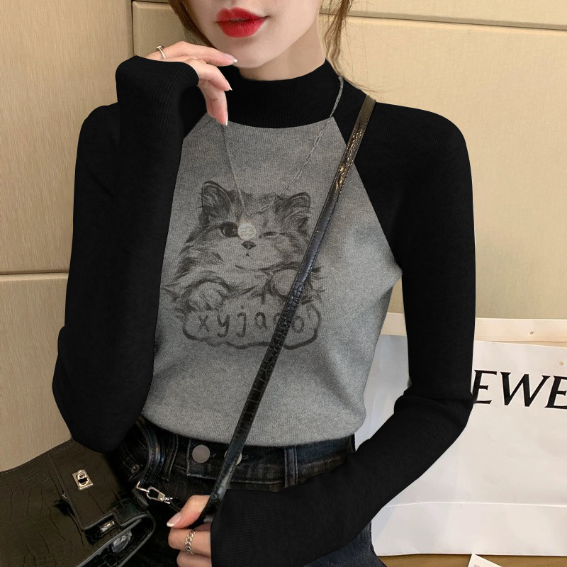 纯棉印花修身打底衫女生德绒半高领黑灰插肩长袖t恤上衣ins秋冬季