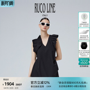 连衣裙V领女不规则 黑色压褶无袖 Ruco Line如卡莱轻奢新款