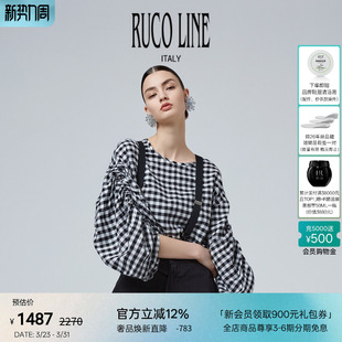 圆领女上衣 黑色格子打褶蓬蓬袖 Ruco Line如卡莱轻奢新款