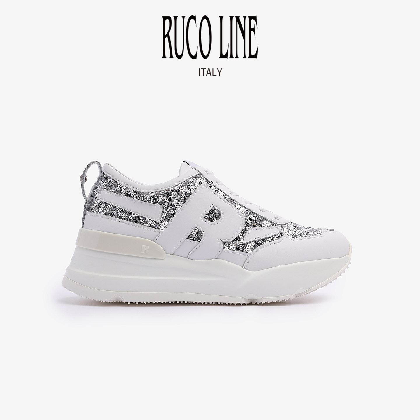 Ruco Line如卡莱意大利真牛皮闪耀亮片厚底鞋运动跑鞋女6cm增高鞋