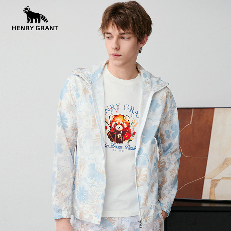 亨利格兰小熊猫春夏新品男户外沙滩小清新连帽长袖夹克衫碎花外套,男装,夹克,淘宝优惠券,粉丝福利购,淘宝优惠卷