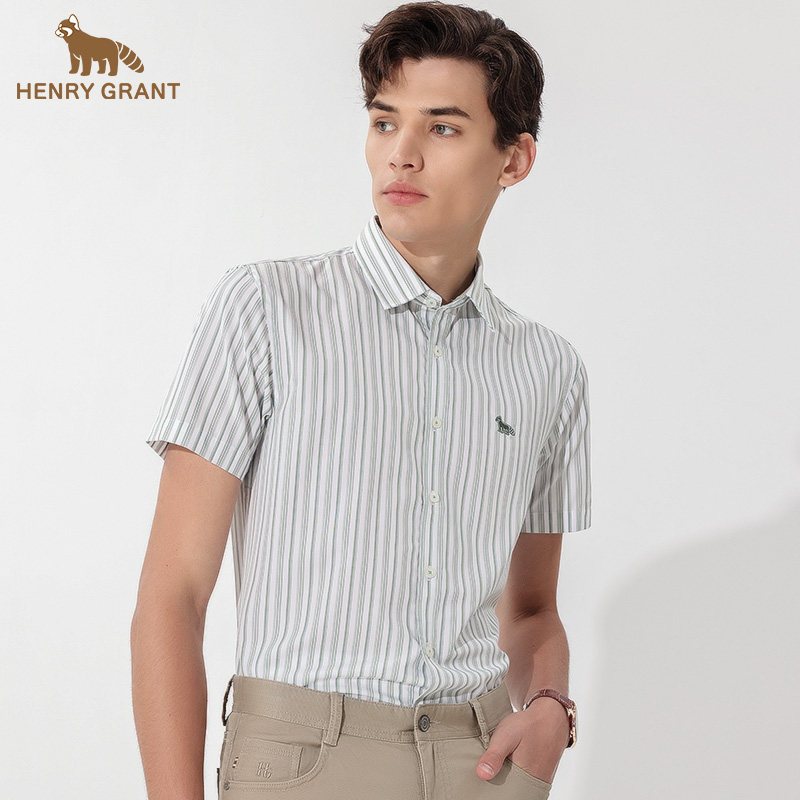 亨利格兰男装小熊猫夏季新款英伦休闲条纹撞色时尚高级感短袖衬衫