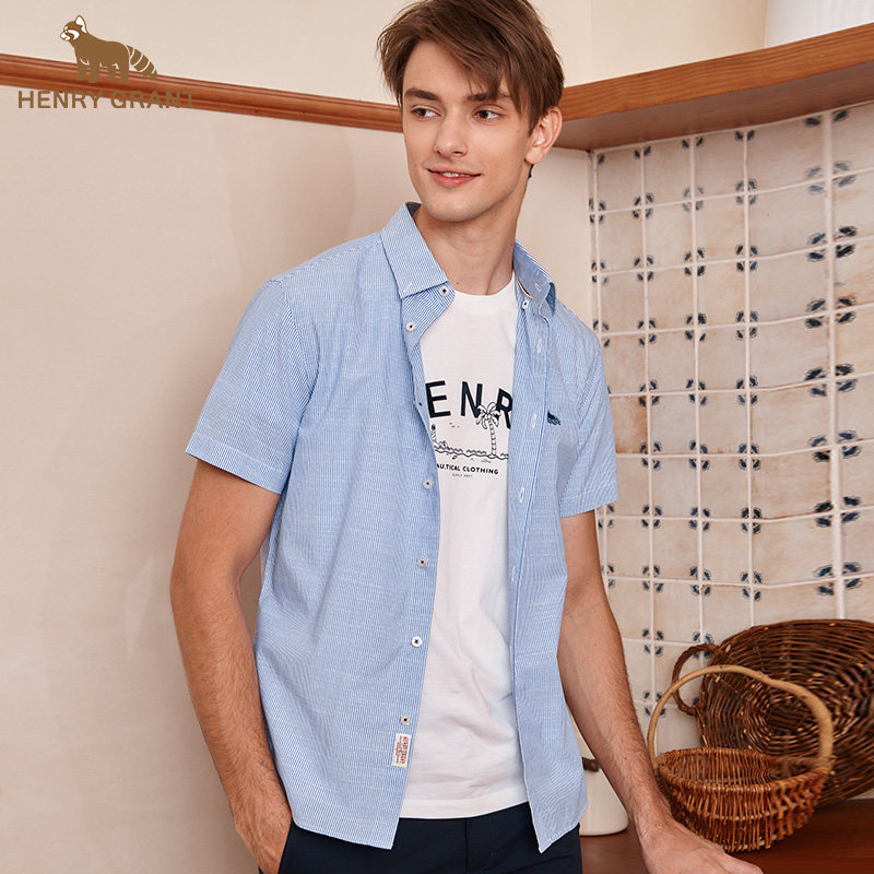 亨利格兰小熊猫男夏季新品商务休闲凉感纯棉翻领时尚百搭短袖衬衫