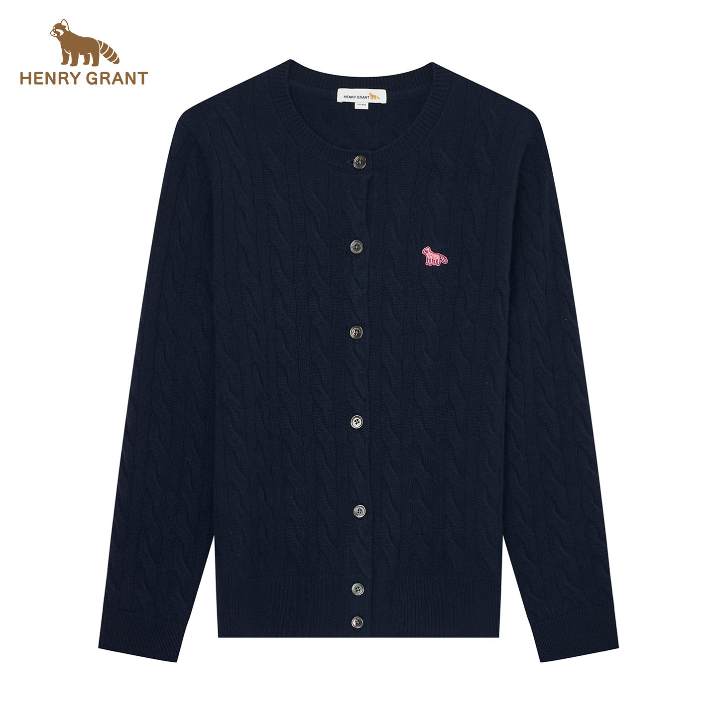 亨利格兰藏青色针织开衫女2025秋冬气质羊毛衫纯色圆领外搭上衣