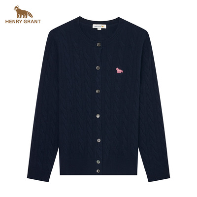 亨利格兰藏青色针织开衫女2025秋冬气质羊毛衫纯色圆领外搭上衣