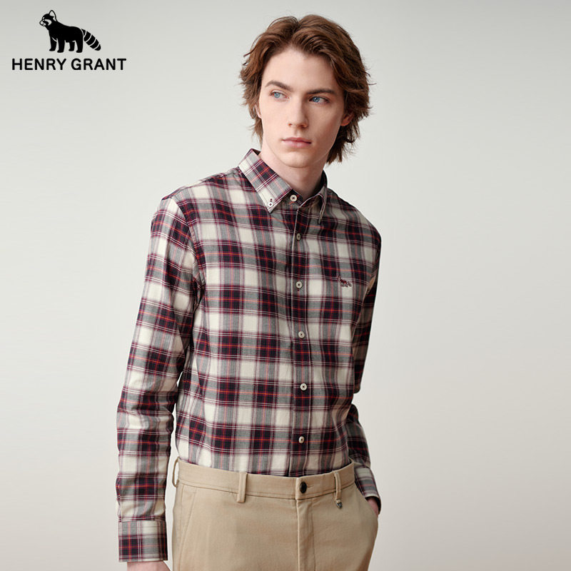亨利格兰小熊猫秋季新品男商务休闲格子复古长袖衬衫港风百搭衬衣