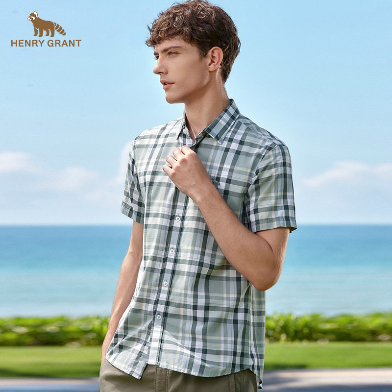 亨利格兰小熊猫夏季新品男休闲复古港风短袖衬衫含桑蚕丝格纹衬衣