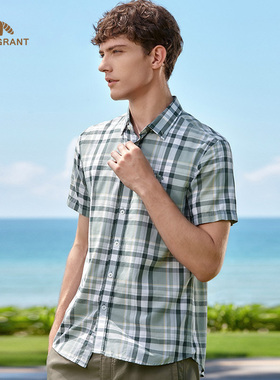 亨利格兰小熊猫夏季新品男休闲复古港风短袖衬衫含桑蚕丝格纹衬衣