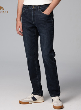 亨利格兰秋季新品男裤美式英伦休闲风中腰牛仔裤厚款直筒男长裤子