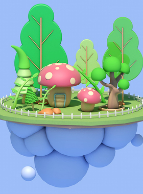 C4D蘑菇岛自建模型源文件 原创C4D场景作品带普通材质建模视频A44