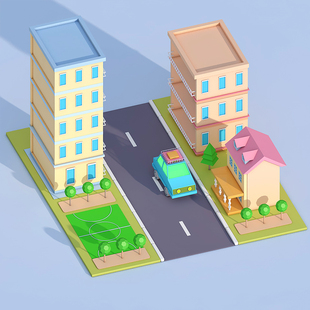 C4D街边小场景自建模型源文件原创场景建模带普通材质建模视频A39