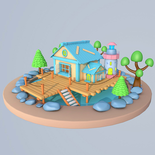 C4D湖中木屋自建模型源文件3D原创场景建模带普通材质建模视频A32