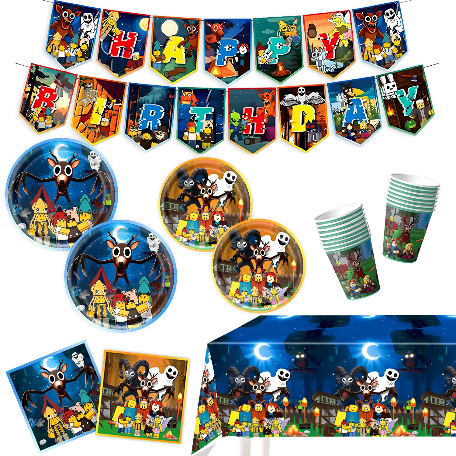 Roblox游戏森林生存99个夜晚主题派对用品场景布置纸盘桌布背景布