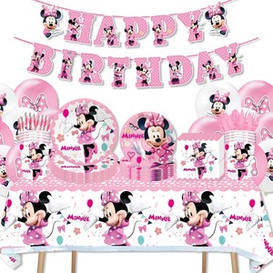 粉色米妮米老鼠儿童生日派对餐具纸盘纸巾桌布装饰用品