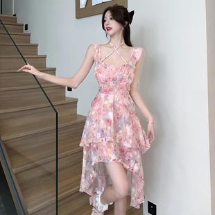 法式在逃公主碎花连衣裙女夏季小飞袖吊带裙前短后长不规则雪纺裙