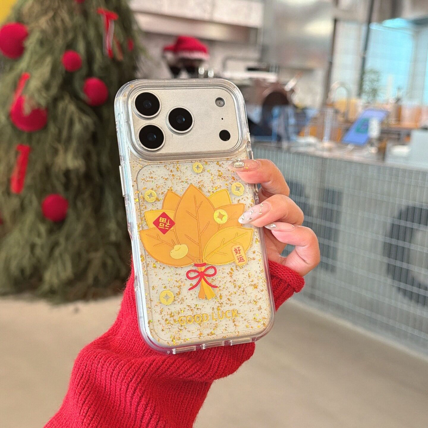 ins风黄金柚子叶适用iPhone17pro手机壳苹果17透明tpu硅胶大孔16pro防摔保护套带挂绳15金箔闪粉女新款14外壳