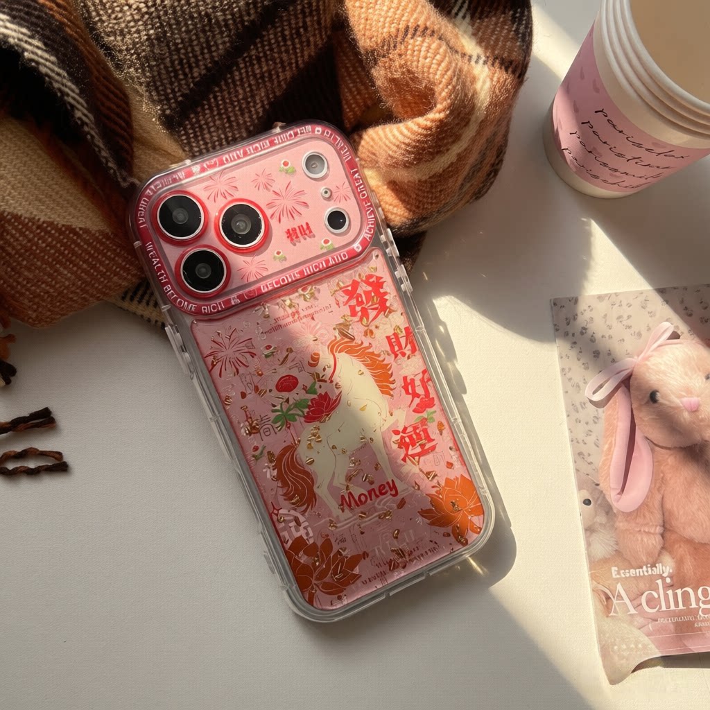 发财好运马年iPhone17promax手机壳适用苹果17pro新年白马精孔镜头全包防摔外壳16pro粉色金箔滴胶15软壳14女