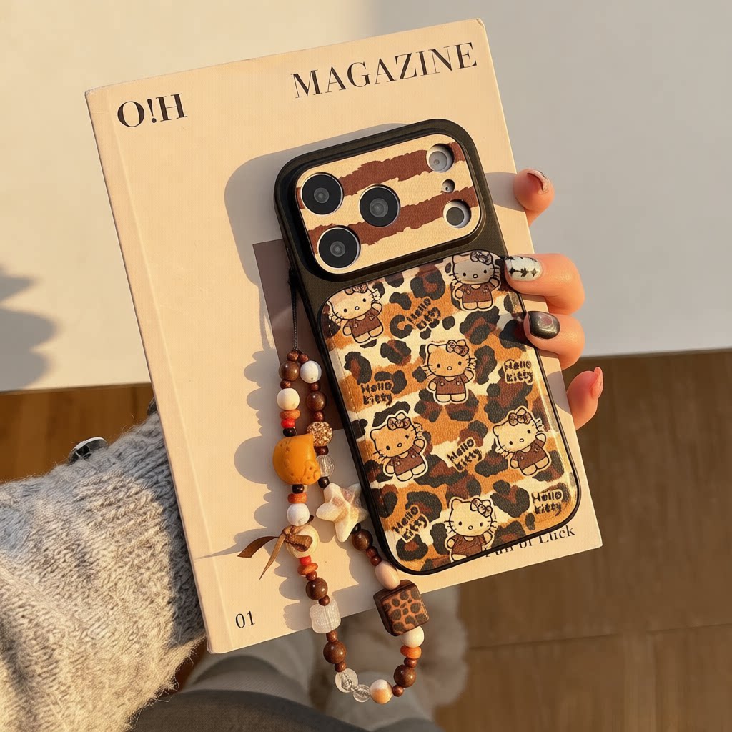 ins豹纹Hello Kitty卡通iPhone17promax手机壳适用苹果17pro甜酷风精孔镜头全包16pro保护套15软壳14带手链女