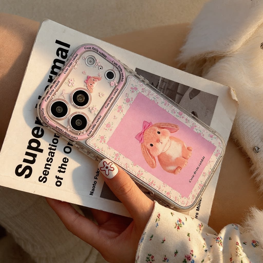 可爱小兔子适用iPhone17pro清新手机壳苹果17promax透明精孔软壳卡通少女心16pro镜头全包15保护套带支架外壳