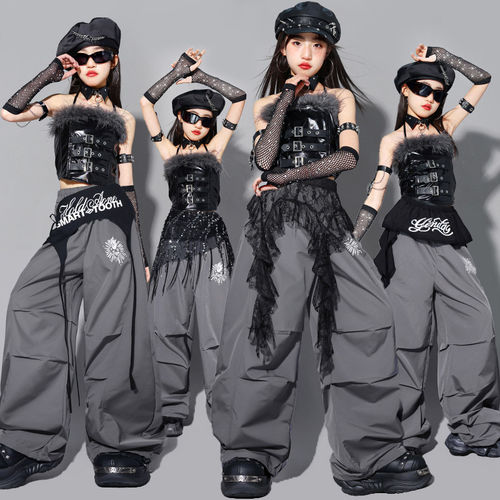 女童jazz黑色爵士舞演出服少儿背心儿童街舞服装女孩走秀套装潮装