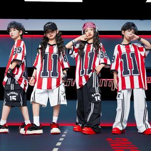 儿童街舞爵士舞服装少儿hiphop嘻哈酷帅演出服炸街红白条纹套装潮