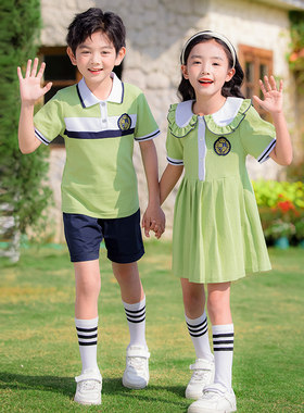 儿童演出服幼儿园毕业班服绿色短袖T恤连衣裙 小学生夏季校服套装