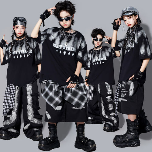 儿童黑色街舞演出服男童嘻哈套装少儿hiphop表演服装女童裤子潮装