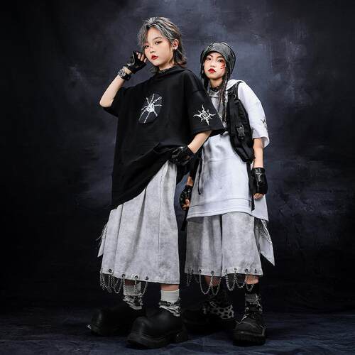 hiphop街舞服装嘻哈儿童潮服男童黑白短袖舞蹈套装女童走秀演出服