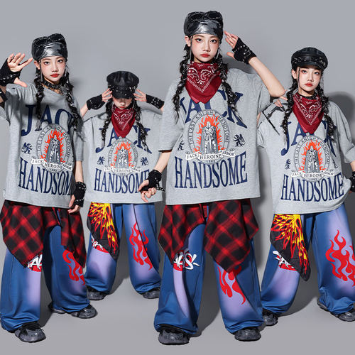儿童街舞演出服灰色男童潮装少儿hiphop架子鼓女童装炸街走秀服装