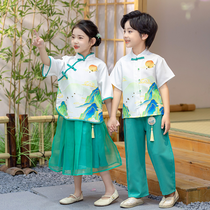 男女童表演服夏季国风中式汉服短袖江山图男女童套装演出服中国风