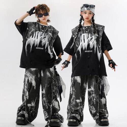 儿童街舞潮服男童破洞黑白表演服装嘻哈套装女童hiphop童装演出服
