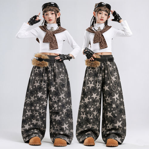 少儿爵士舞服装女童露脐豹纹十字上衣星星裤套装女孩jazz表演服女