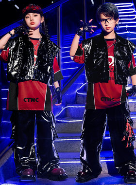 新款儿童街舞潮服男童套装少儿hiphop嘻哈炸街童装皮裤女童演出服