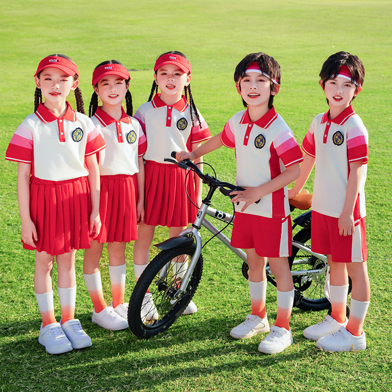 夏季小学生校服红色班服短袖定制套装儿童学院夏天运动幼儿园园服
