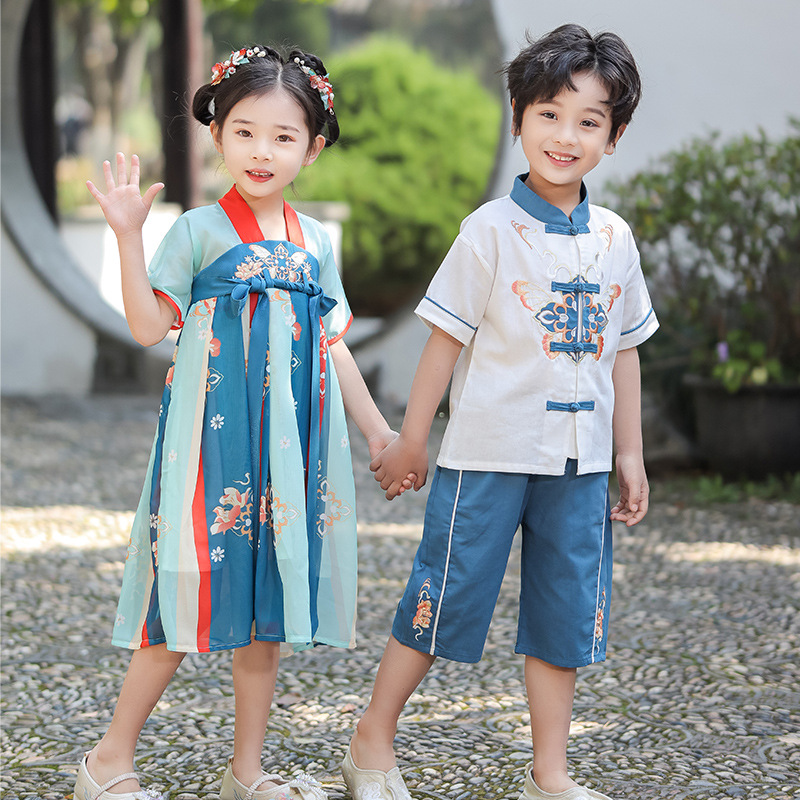 2025男童唐装女童汉服新款连衣裙夏季汉服裙子六一儿童舞蹈表演服